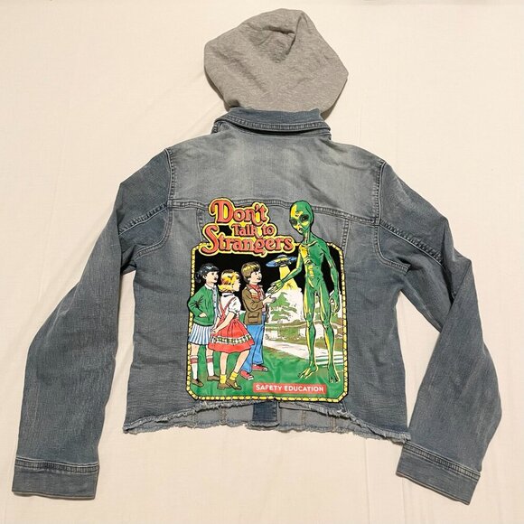 Jeaniologie Altered Jean Denim Jacket Dont Talk to Strangers Patch Sz Large - Picture 9 of 16